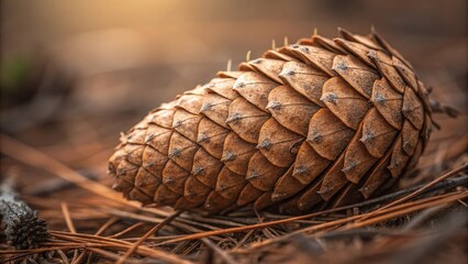 Detailed macro view of a pinecone resting on forest floor among fallen needles in soft sunlight