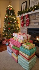 Piles of colorful Christmas gifts waiting under the beautifully decorated tree in a cozy living room