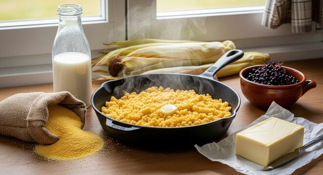 Traditional rustic cornmeal mush steaming in a cast iron skillet with fresh ingredients
