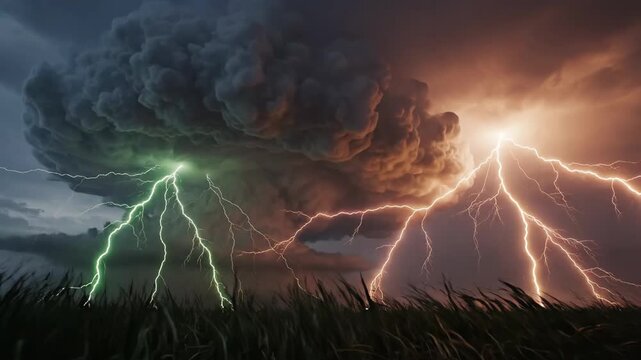 Massive cumulonimbus cloud developing a supercell storm structure, illuminating the dark sky with powerful lightning strikes, creating a dramatic and powerful weather event over a rural landscape - Powered by Adobe