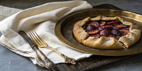 Delicate plum galette served on a brass tray with an antique fork, inviting warm flavors that capture an afternoon delight in a rustic setting