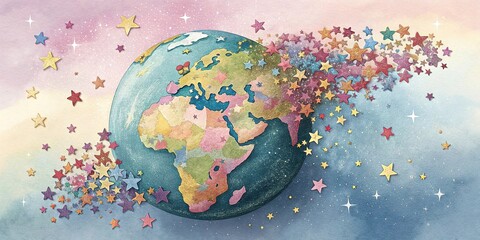 Colorful planet earth made of confetti stars on a pastel background representing joy and wonder in the universe