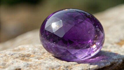 Polished amethyst stone captures natural light on a textured surface showcasing its vibrant purple hues and brilliance