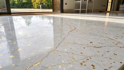 Polished marble floor with soft gold flecks reflecting natural light in an elegant space