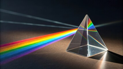Prism light refraction creates colorful rainbow spectrum on a dark surface