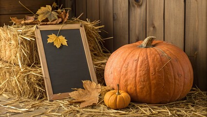 Pumpkin resting on straw with wooden backdrop and decorative autumn leaves in a cozy setting
