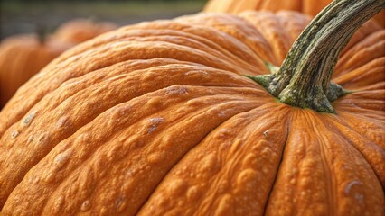 Close-up view of pumpkin skin showcasing texture and color in autumn sunlight
