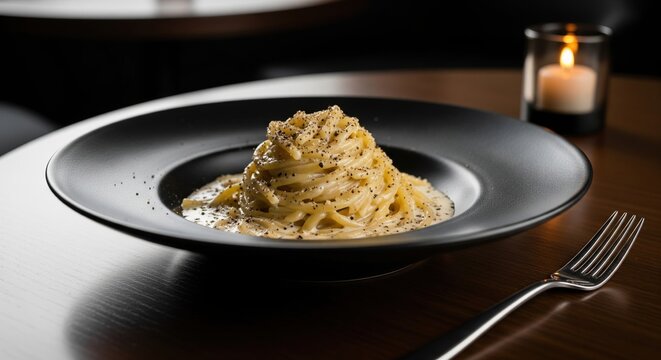 Classic italian cacio e pepe pasta with cheese and pepper served in a restaurant by candlelight