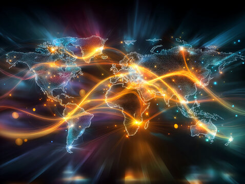 A modern and dynamic global teamwork concept with glowing digital threads on a stylized world map