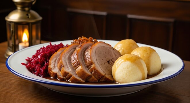 Traditional german pork roast with potato dumplings red cabbage and gravy on a wooden table