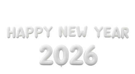 White balloons forming happy new year 2026 text isolated on transparent background