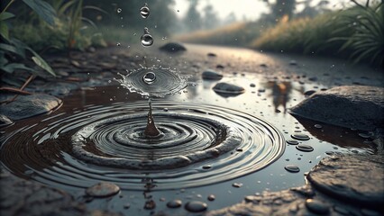 Raindrop creates rippling rings in puddle reflecting morning light by a quiet pathway