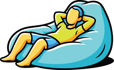 Fototapeta premium Man Relaxing On A Light Blue Bean Bag Chair Wearing A Yellow Shirt And Blue Shorts Outdoors