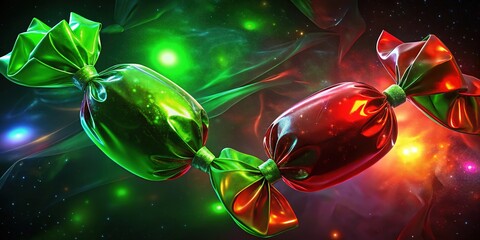 Brightly wrapped red and green candies sparkle in the festive atmosphere of the holiday season's joyful celebration