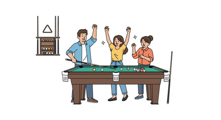 Excited friends celebrating a winning shot at the pool table, pure joy and friendly competition in a casual game night