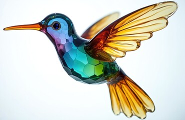 Fototapeta premium Colorful glass hummingbird sculpture on light backdrop. Bird features rainbow gradient body, amber wings. Decorative figurine translucent, reflects light. Vibrant ornamental object adds elegance.