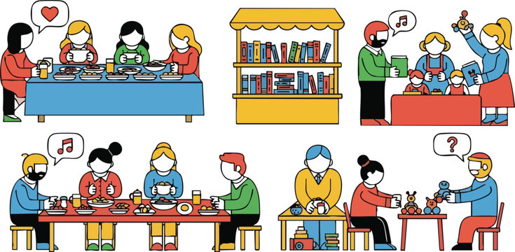 Diverse People Enjoying Community Gatherings And Activities Featuring Food Book Stall And Crafts Fair