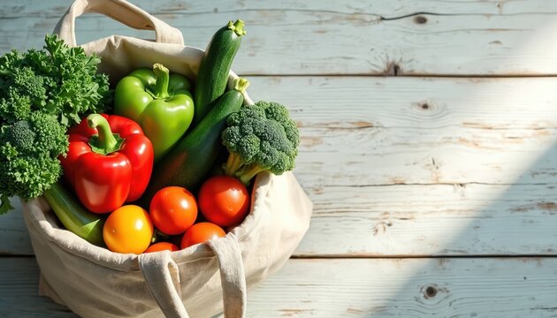 Canvas tote bag full of fresh organic vegetables like tomatoes peppers zucchini broccoli and kale rests on rustic wood surface. Soft daylight illuminates produce for healthy eating.