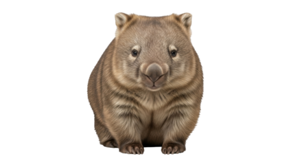 Isolated, adorable wombat sitting upright and facing forward with a curious expression