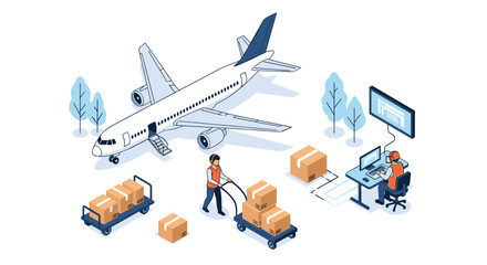 Efficient logistics operations showing cargo plane, delivery workers, and shipment tracking with modern technology