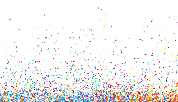 Abstract digital art of colorful pixelated particles exploding upward against a black background