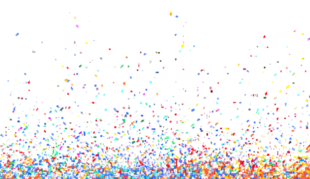 Abstract digital art of colorful pixelated particles exploding upward against a black background