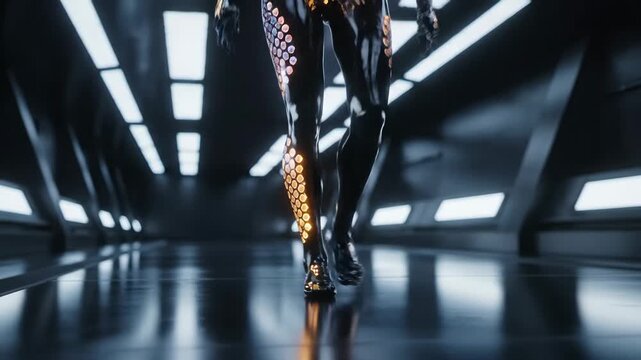Cyborg legs with glowing honeycomb patterns stride through a dim reflective futuristic corridor lit by linear blue and orange lights, evoking ai, bionics and advanced technology