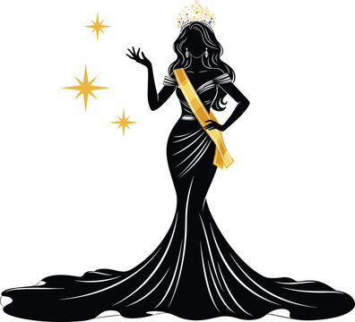 Beauty queen silhouette, elegant gown, golden crown, fashion illustration, pageant winner, royal pose, black dress, stylish woman, glamour art