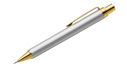 Isolated silver-colored mechanical pencil with gold trim on a neutral surface for design work