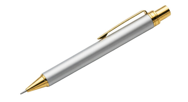 Isolated silver-colored mechanical pencil with gold trim on a neutral surface for design work
