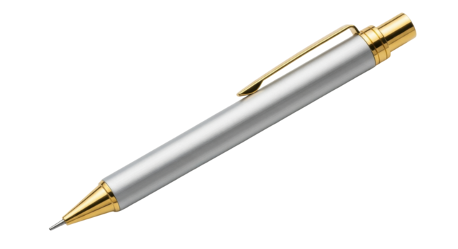 Isolated silver-colored mechanical pencil with gold trim on a neutral surface for design work