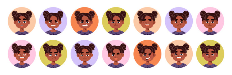 Set of black kid's round avatars. Portraits of happy, sad, angry and crying little girl. Child faces with different emotions in circle frames. Flat isolated vector illustrations on white background.