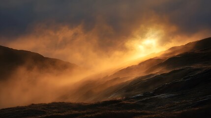 Golden mist swirls across rugged mountain slopes illuminated by dramatic sunset light piercing through clouds creating a vibrant and atmospheric