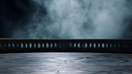 Dark ornate balcony railing and patterned floor with dense swirling mist creating a dramatic mysterious and atmospheric scene