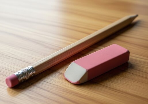 Pencil and pink eraser on wooden desk conveying school supplies, office equipment, drawing and writing tools, mistake correction, and stationery - Powered by Adobe