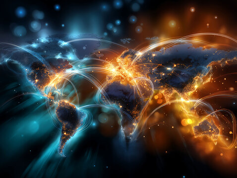A modern, inclusive global collaboration network on stylized world map with glowing digital threads
