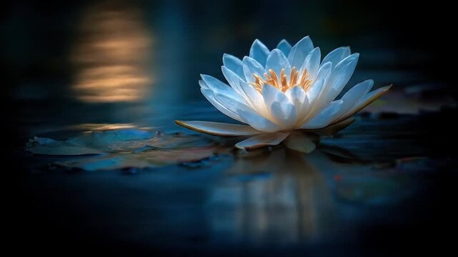 A serene water lily with layered petals floats on dark, reflective water, lit by soft, warm light