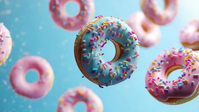 A bunch of donuts with sprinkles in the air. One of them is blue. The donuts are in the air and are not touching each other
