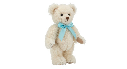 Isolated standing teddy bear with blue bow, soft plush, fuzzy fur, adorable children's gift