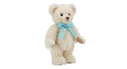Isolated standing teddy bear with blue bow, soft plush, fuzzy fur, adorable children's gift