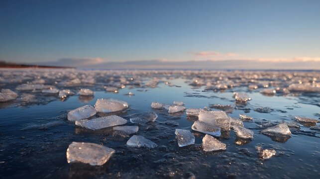 Sharp ice shards glisten on dark water under a clear blue sky at dusk capturing a cold winter landscape