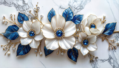 Elegant floral arrangement with blue and white petals, creating a serene and sophisticated design. Generative AI