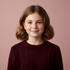 A photo of a friendly cute little girl in sweater on pink backgroundin, casual clothes, smiling and looking at the camera against a colorfull background. Advertising concept