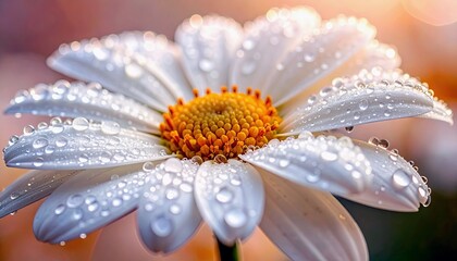 A macro shot of a white daisy with dew drops on its petals, highlighting its delicate texture and bright yellow center.