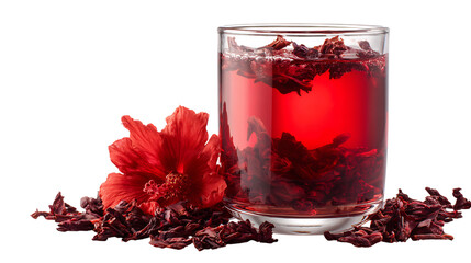 A glass of vibrant red hibiscus tea, surrounded by dried petals and a fresh flower, offering a refreshing and healthy beverage option