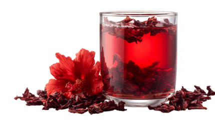 A glass of vibrant red hibiscus tea, surrounded by dried petals and a fresh flower, offering a refreshing and healthy beverage option