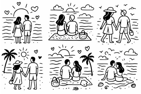 Hand-drawn doodle vector set of beach sunset couple doodles created in a fun sketchy ink-pen style, AI, EPS, JPG, PNG, isolated on white background