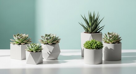 Arrangement of Geometric Concrete Pots with Succulent Plants