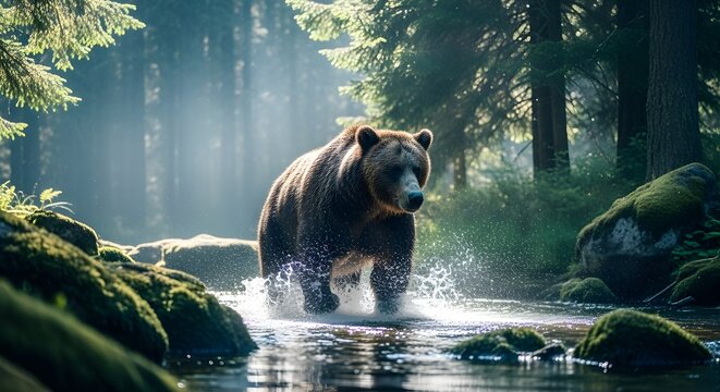 Un oso pardo corre vigorosamente a través de un río, capturado en medio del chapoteo, encarnando el poder crudo y dinámico de la vida silvestre en su entorno natural.