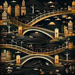 Ornate Cityscape with Golden Bridges and Buildings on Dark Background, Perfect for Prints